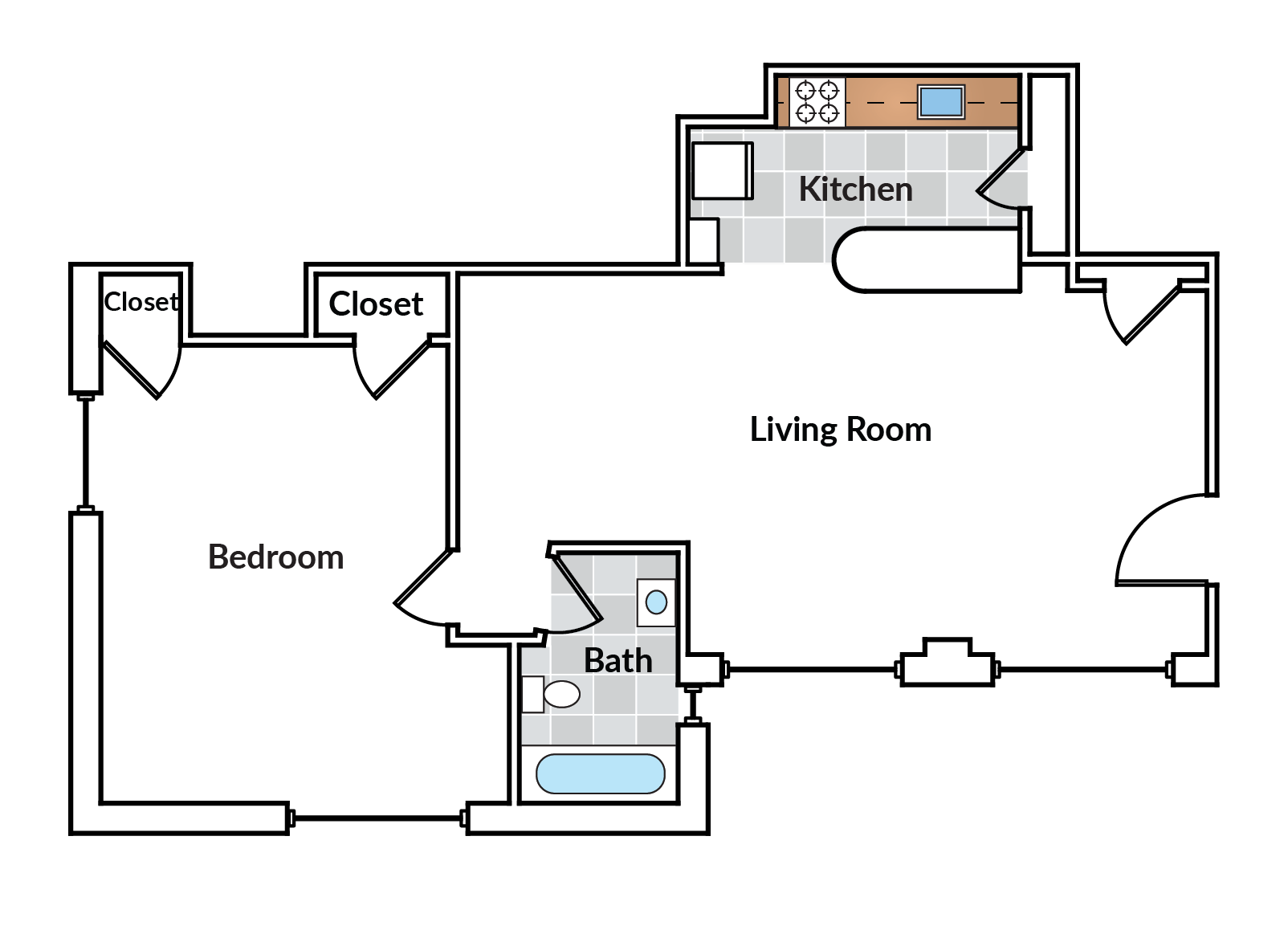 Floor plan for 1 bed, 1 bath, 704 sqft